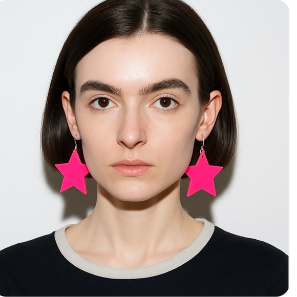 Pink Acrylic Star Silver Hook Earrings - Picture 1 of 14